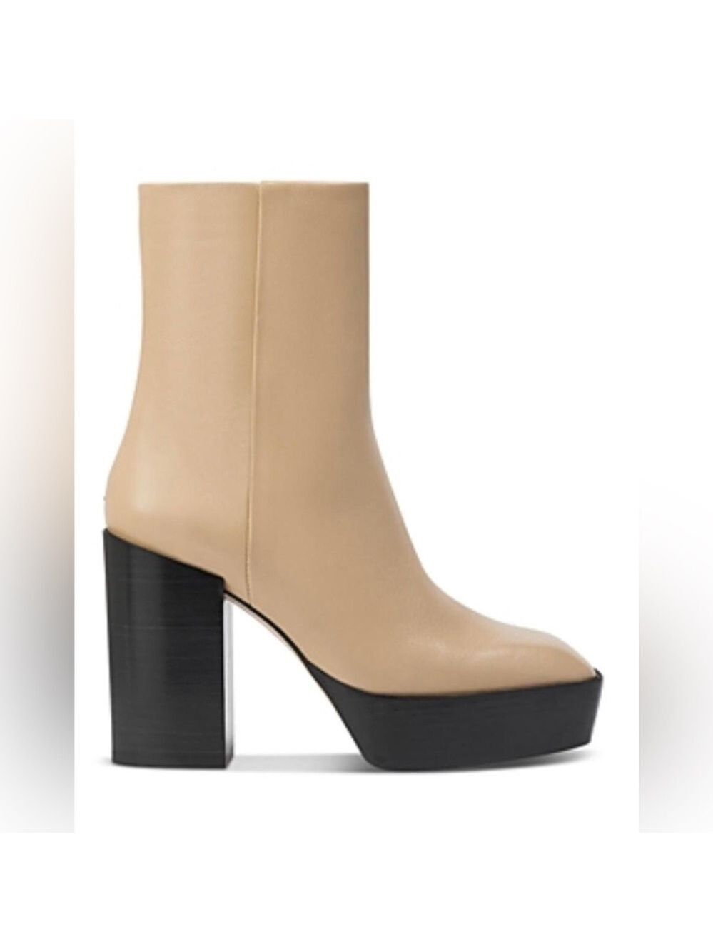 Aeyde Berlin Square Toe High Heel Leather Platform Booties in Latte - NWT